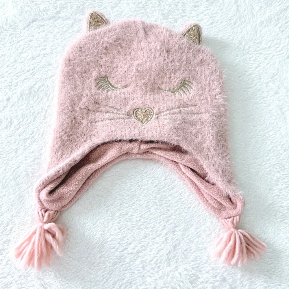 The Children Place Girls Pink Fuzzy Cat Trapper Hat Fleece Lined Beanie S 12-24M